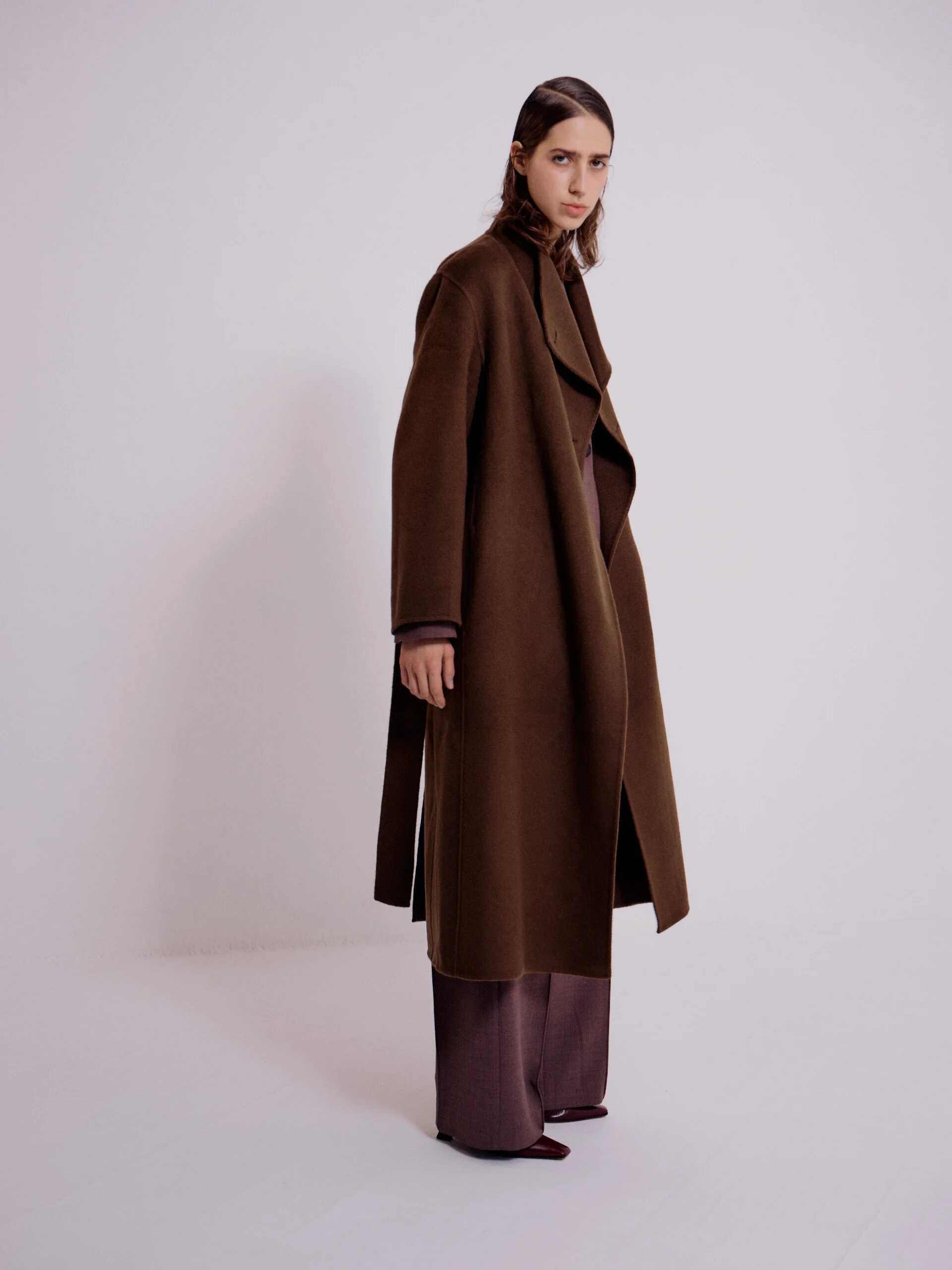 CASHMERE BLEND HANDMADE BELTED COAT - OLIVE BROWN — MIJEONG PARK